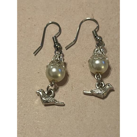 Glass Pearl Handmade Earrings Bird Dangle Hypoallergenic Ear Wire - Picture 1 of 2
